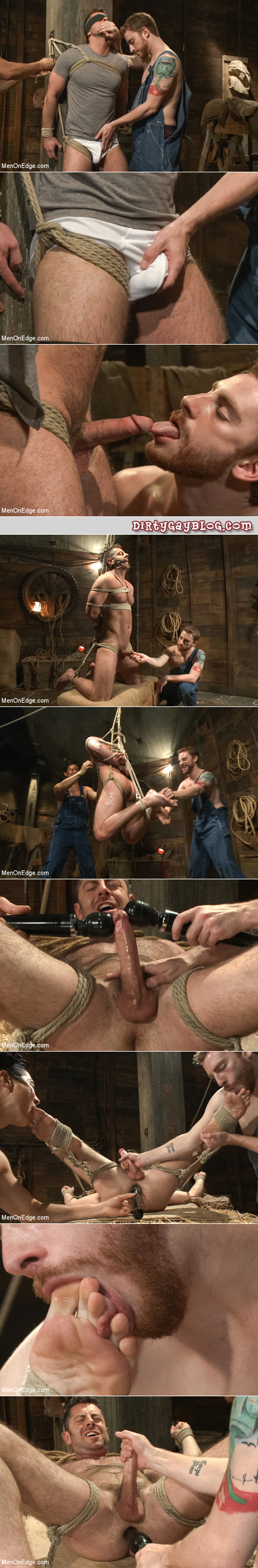 Hairy man is tied up by two male rednecks so they can explore his masculine body with their toys and tongues.