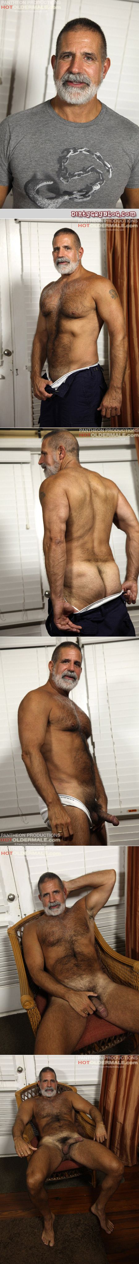 Hairy, beefy Daddy with tan lines jerks off for other guys to watch.
