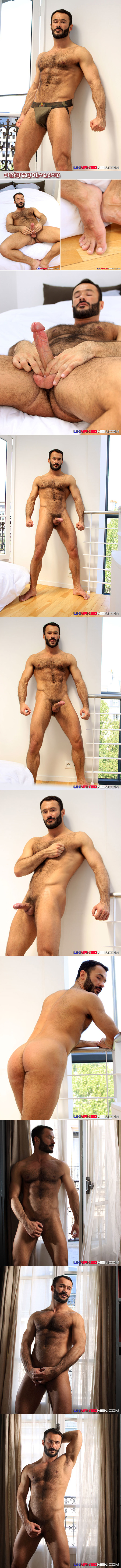 Very hairy, handsome, muscular French guy masturbates to guys on camera.