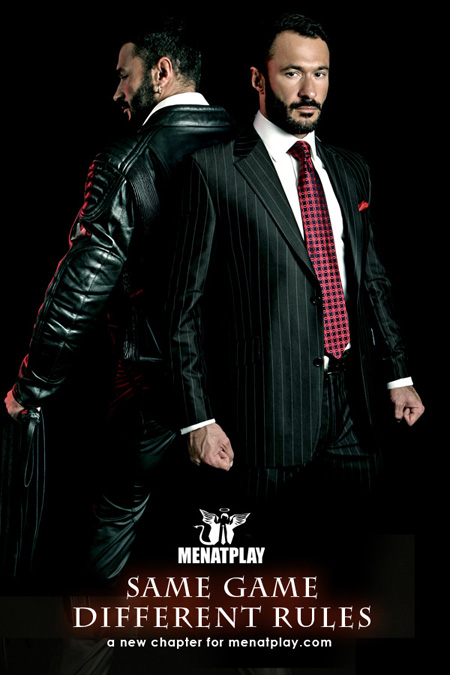 Hot, bearded Wilfried Knight sporting both a suit and tie and a leather jacket with strop.