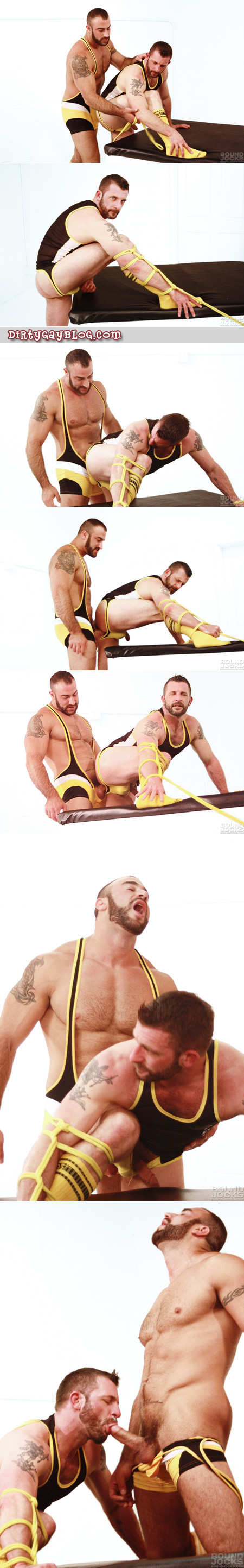 Two burly guys in wrestling singlets and jockstraps have gay bondage sex.