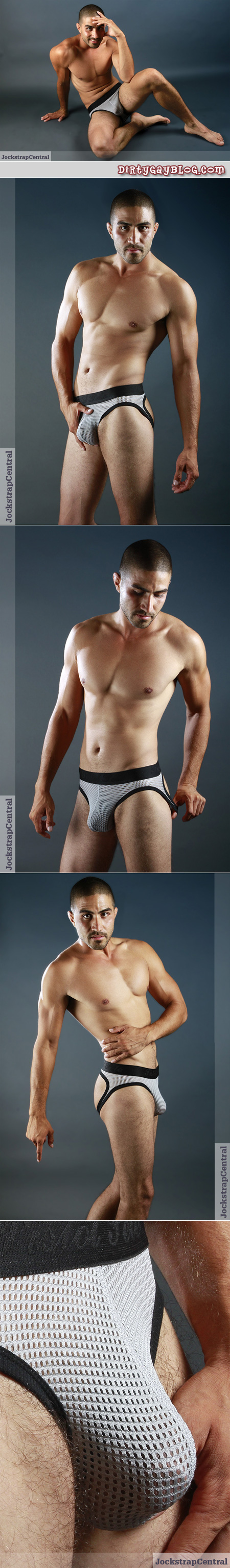 Fit Latino modeling an ass-less silver mesh brief.