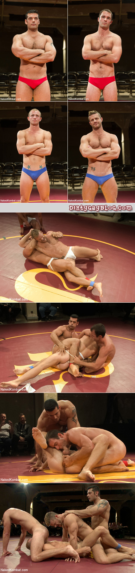 Tag-team wrestling in jockstraps leads to a four-way gay fuck on the wrestling mat in front of a live audience