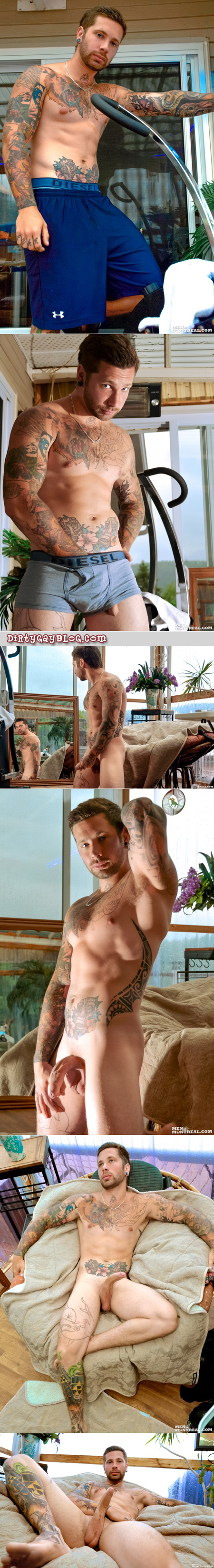 Heavily tattooed, uncut Canadian guy jacks off in the furnished utility shed.