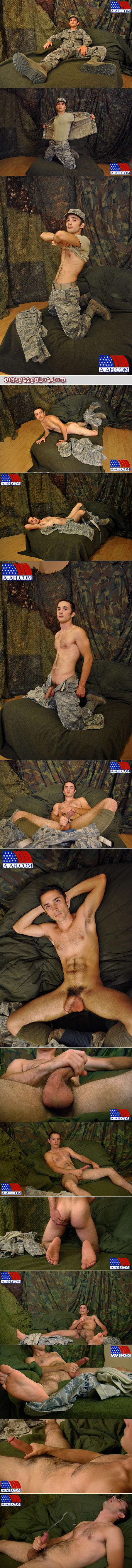 Handsome, hairy guy in military fatigues jerking off shoots a huge load.