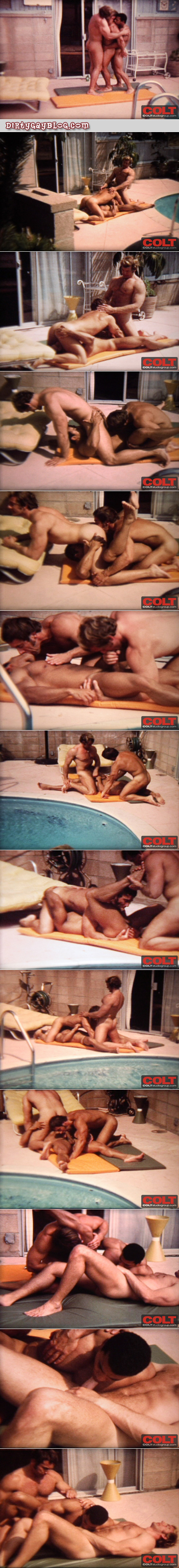Vintage gay porn poolside group sex with three butch, extremely muscular bodybuilders.