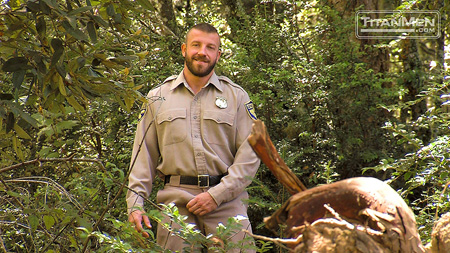 Bearded park ranger with an obvious hard-on in his uniform.