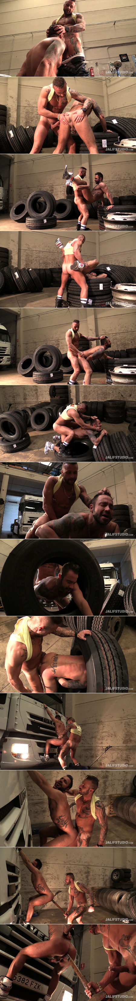 Hairy muscle guy getting fucked in a commerical garage by a dominant semi truck driver with a sledgehammer.