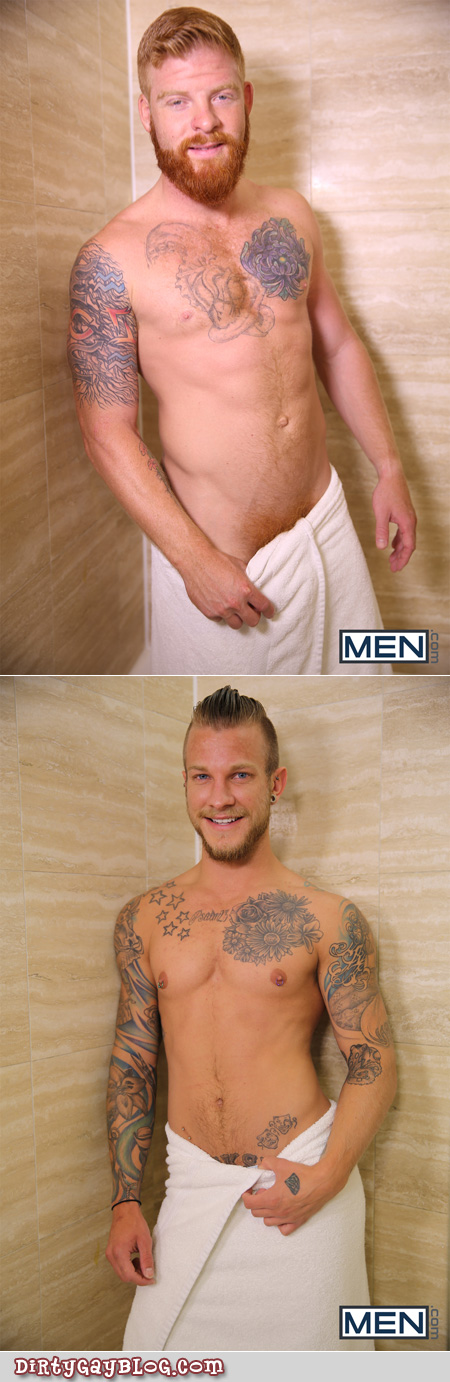 Two blonde and redhead guys with tattoos wearing nothing but bath towels.