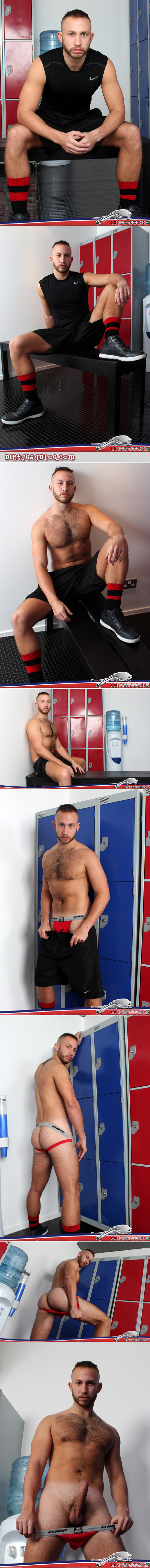 Furry cub stripping down to his jock in the locker room.