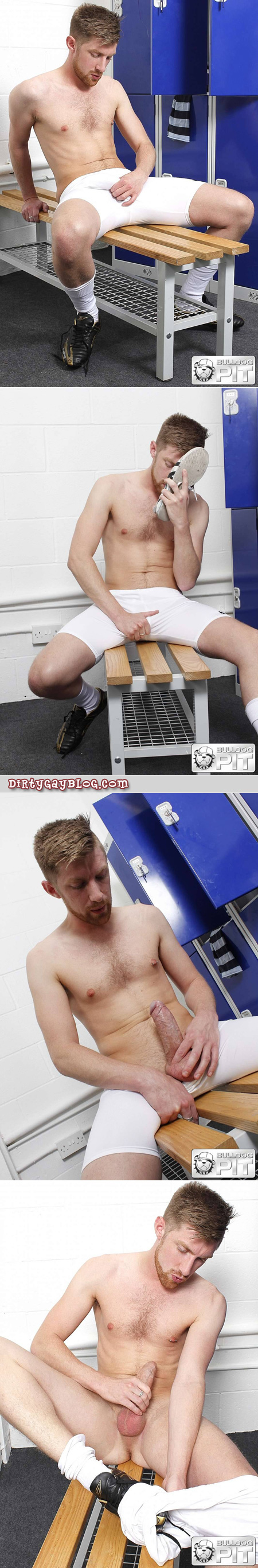 Scruffy blonde soccer player rubbing his hard dick through his compression shorts.