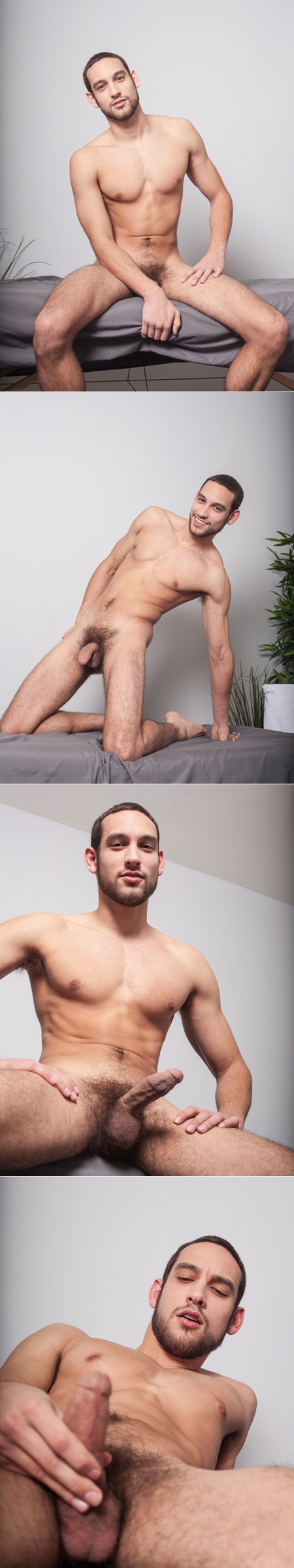Nude straight guy with a beard and naturally smooth body gives himself an erection being an exhibitionist.