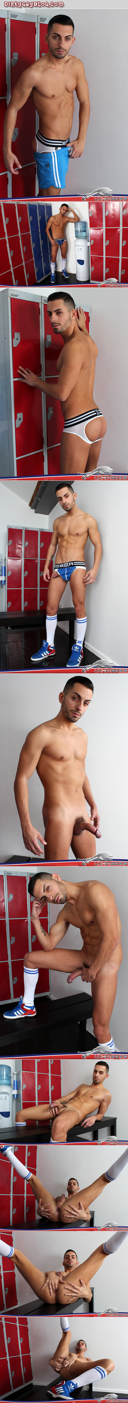 Fit young Latino stripping out of his athletic gear to jockbriefs and socks before exposing his large uncut cock and fingering his asshole.