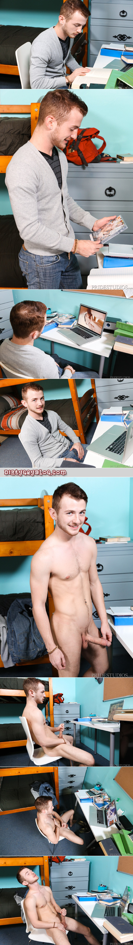 Ginger twink finds his college roommate's gay porn stash and jacks off to it.