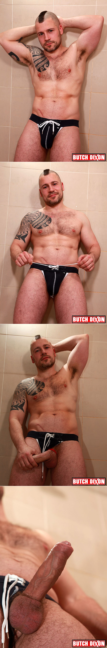 Bottom cub in a jockstrap with a veiny uncut cock.