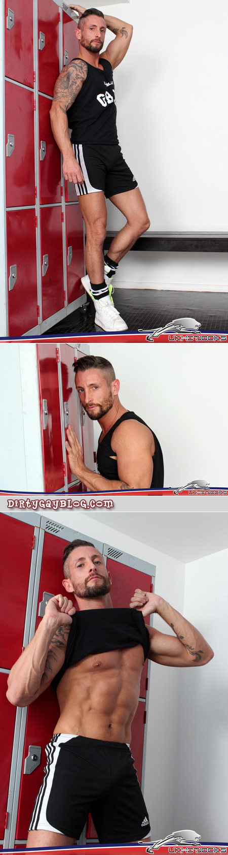 Hunky muscle guy in athletic gear in the locker room.