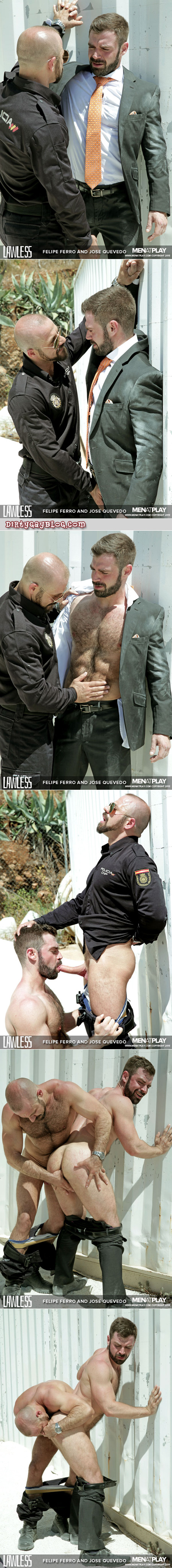 Muscle bear in a suit being sexually abused by a uniformed Latino muscle Daddy.