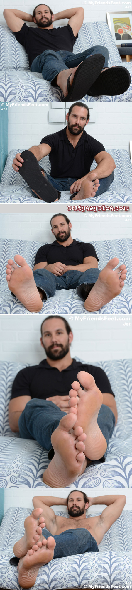 Hairy muscle hunk showing off his big bare feet.