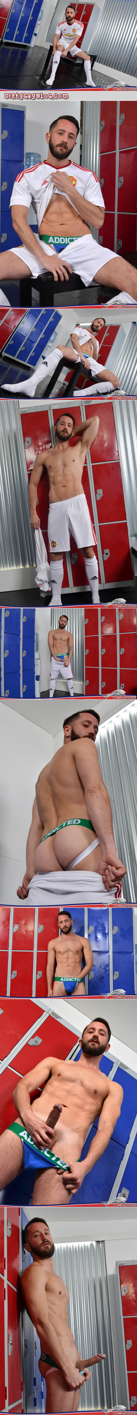 Bearded athlete stripping in the locker room with a hard-on.