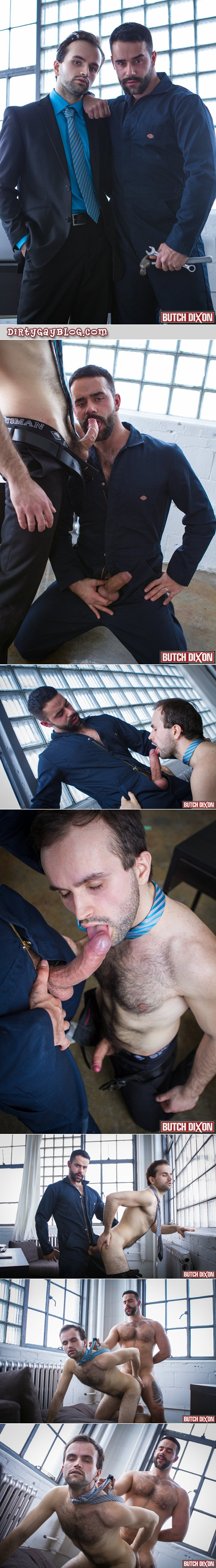 Beefy, hunky repairman fucking a male businessman in his office.