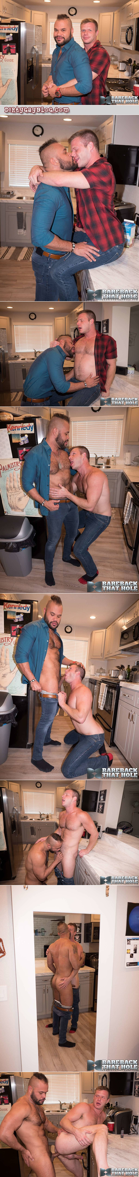 Beefy gay men having bareback sex in their kitchen.