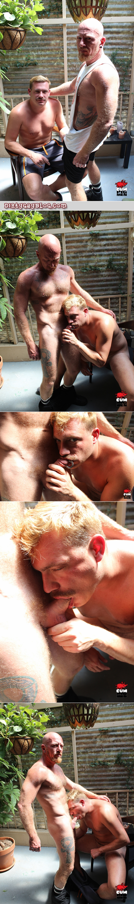 Mustachioed blonde man sucks the pierced cock of a hairy ginger Daddy.